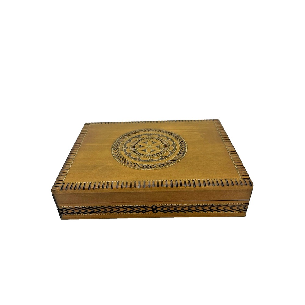 Vtg Wooden Polish Etched Carved Card Trinket Hinged Box Gold Inlay 4.5 x 6"